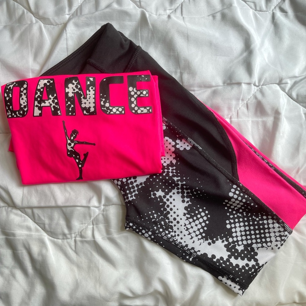 Girls Pink & Black Athletic Leggings Set